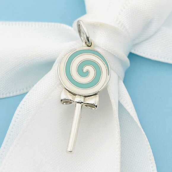 Tiffany Blue Lollipop Candy Charm or Pendant in Blue Enamel and Sterling Silver